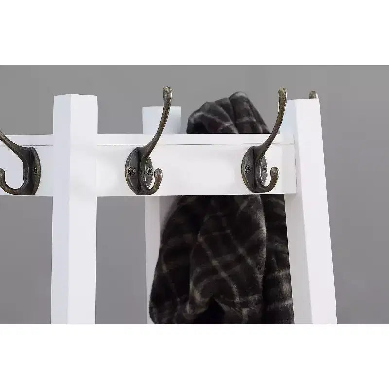 Freestanding Coat Rack Hall Tree with Wooden Frame, 3-Tier Storage Shelves, Silver Finish, White