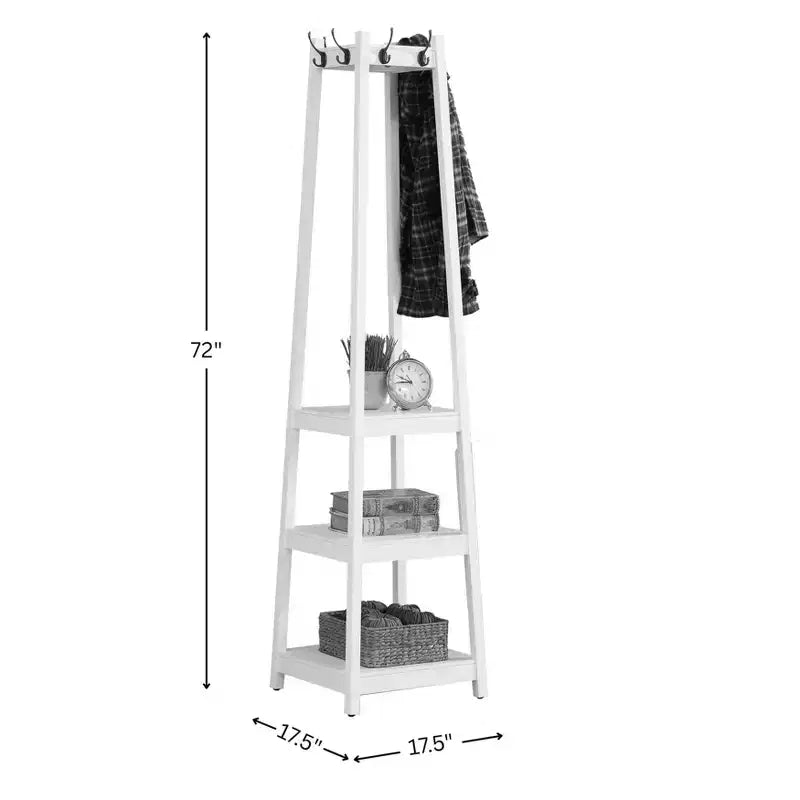 Freestanding Coat Rack Hall Tree with Wooden Frame, 3-Tier Storage Shelves, Silver Finish, White