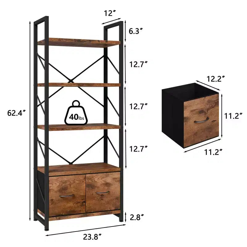 5-Tier Bookshelf with 2 Drawers, Wood and Metal Frame, Rustic Brown