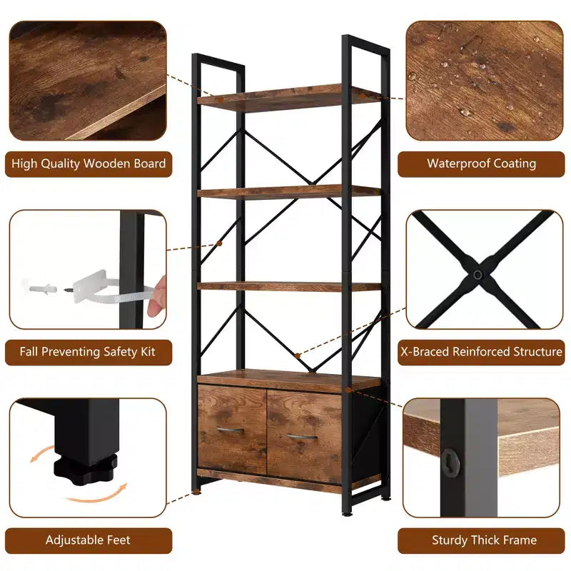 5-Tier Bookshelf with 2 Drawers, Wood and Metal Frame, Rustic Brown