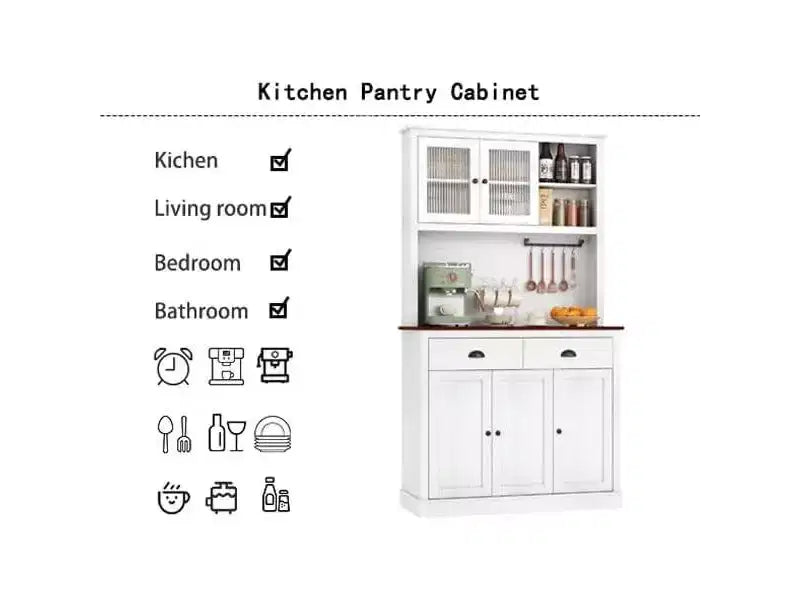 Freestanding Kitchen Pantry Cabinet with 2 Drawers, 5 Doors and Adjustable Shelves