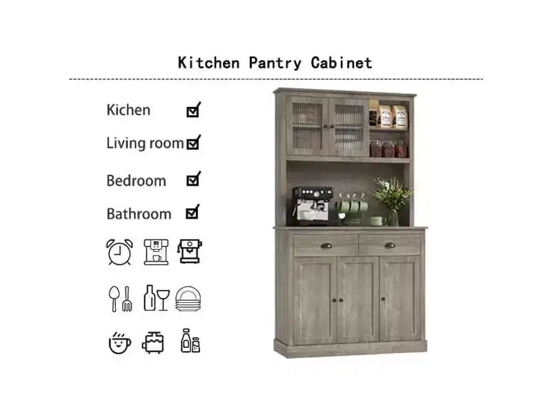 Freestanding Kitchen Pantry Cabinet with 2 Drawers, 5 Doors and Adjustable Shelves