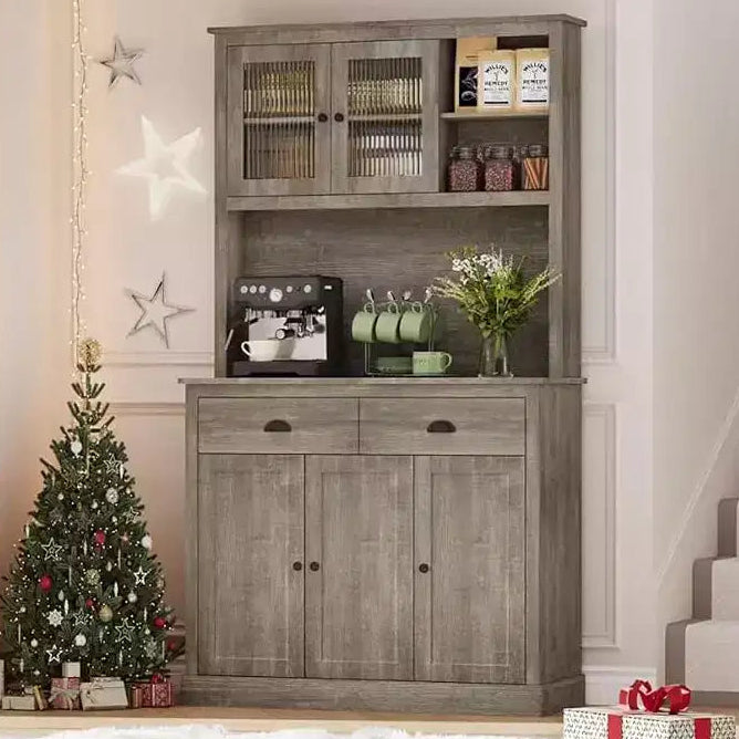 Freestanding Kitchen Pantry Cabinet with 2 Drawers, 5 Doors and Adjustable Shelves