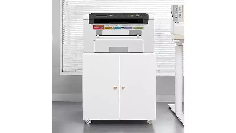 Metal Printer Stand with Storage, Mobile Rolling File Cabinet with Doors and Adjustable Shelf