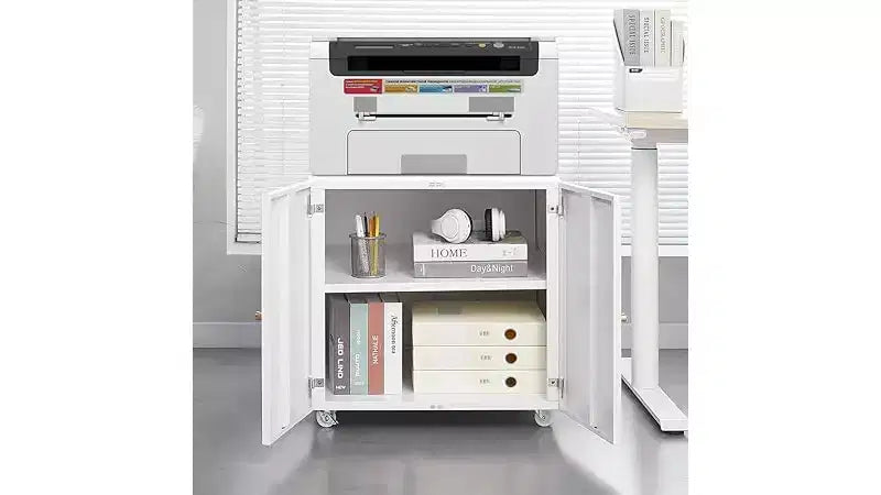 Metal Printer Stand with Storage, Mobile Rolling File Cabinet with Doors and Adjustable Shelf