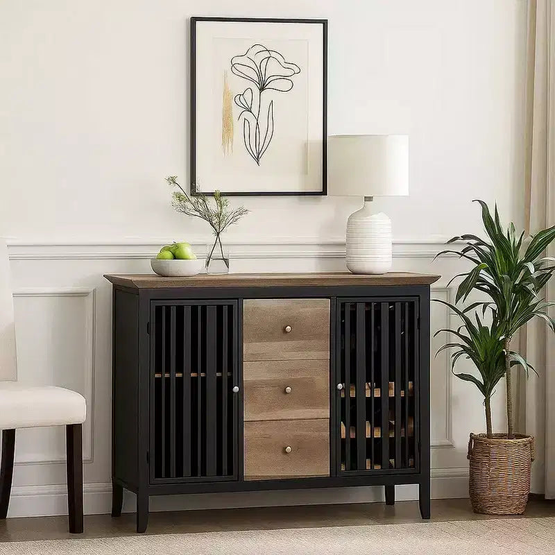 47" Sideboard Buffet with 3 Drawers, Antique Oak Brown and Black, MDF and Metal