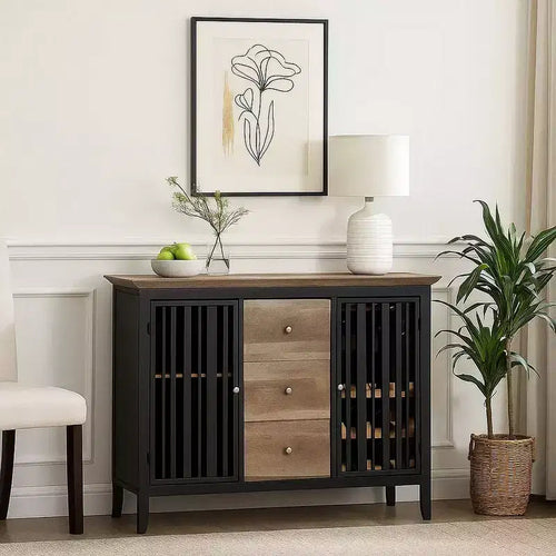47" Sideboard Buffet with 3 Drawers, Antique Oak Brown and Black, MDF and Metal