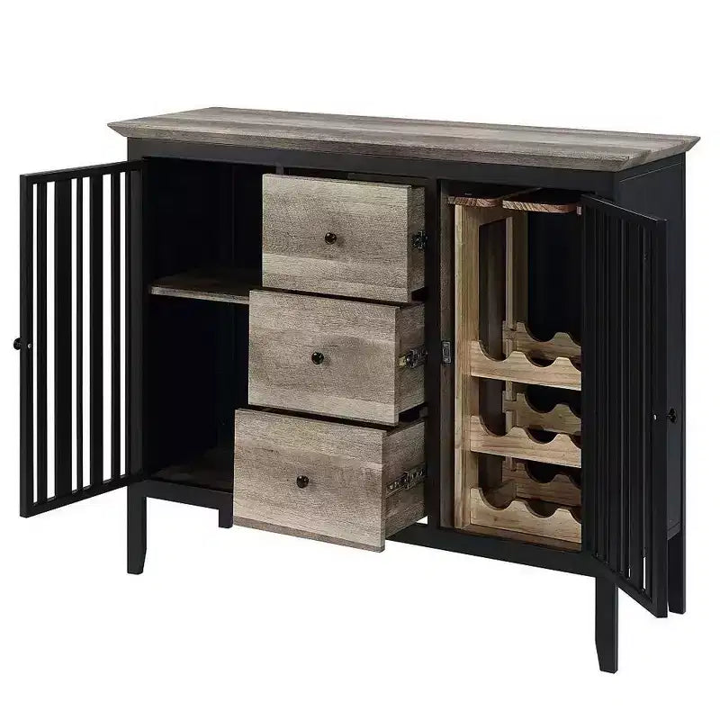 47" Sideboard Buffet with 3 Drawers, Antique Oak Brown and Black, MDF and Metal