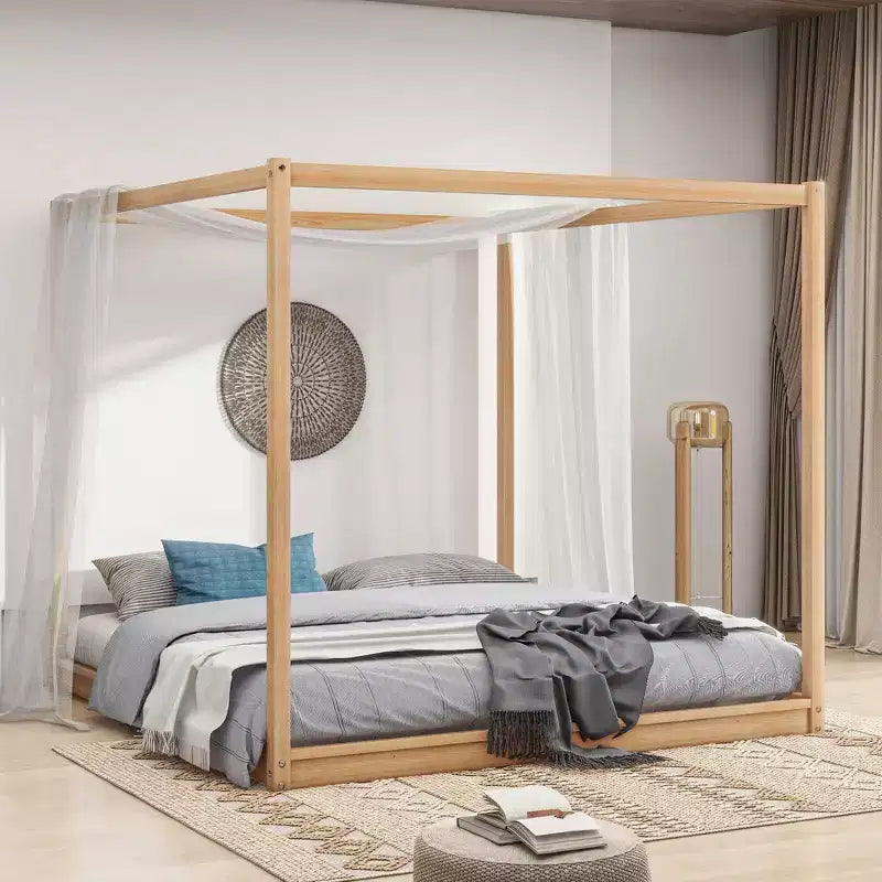 Canopy Platform Bed with Wooden Frame, Low Base Support Legs, Easy Assembly