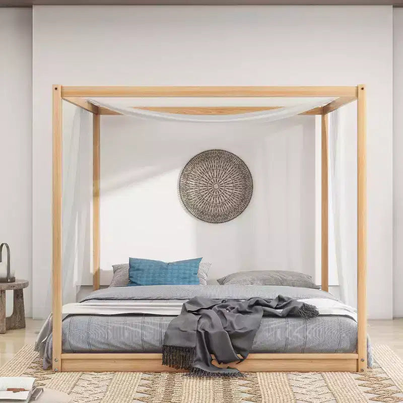 Canopy Platform Bed with Wooden Frame, Low Base Support Legs, Easy Assembly