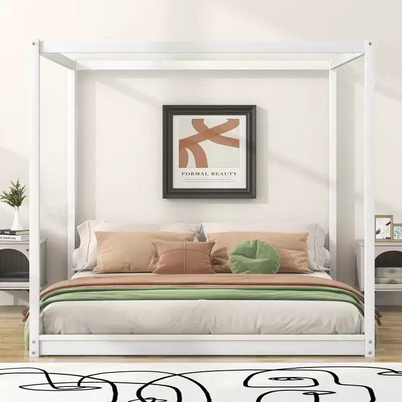 Canopy Platform Bed with Wooden Frame, Low Base Support Legs, Easy Assembly