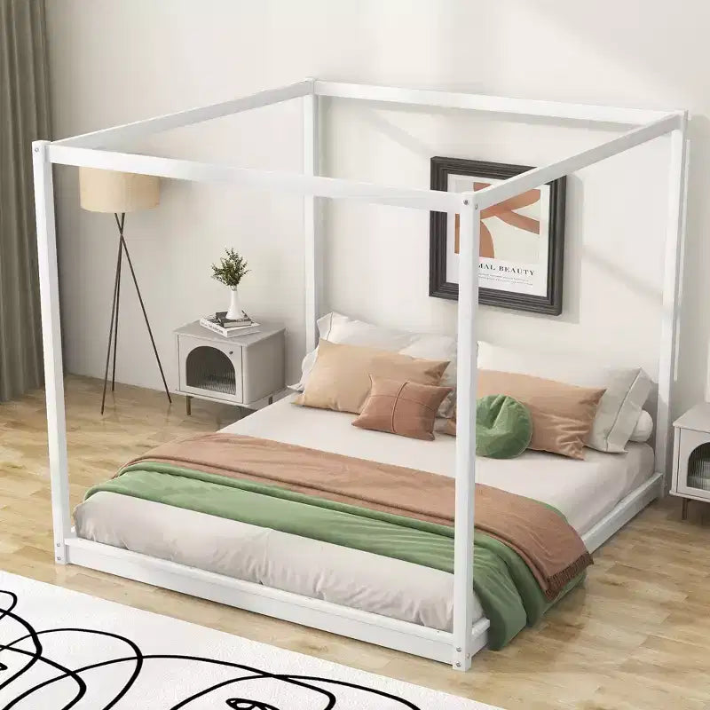 Canopy Platform Bed with Wooden Frame, Low Base Support Legs, Easy Assembly