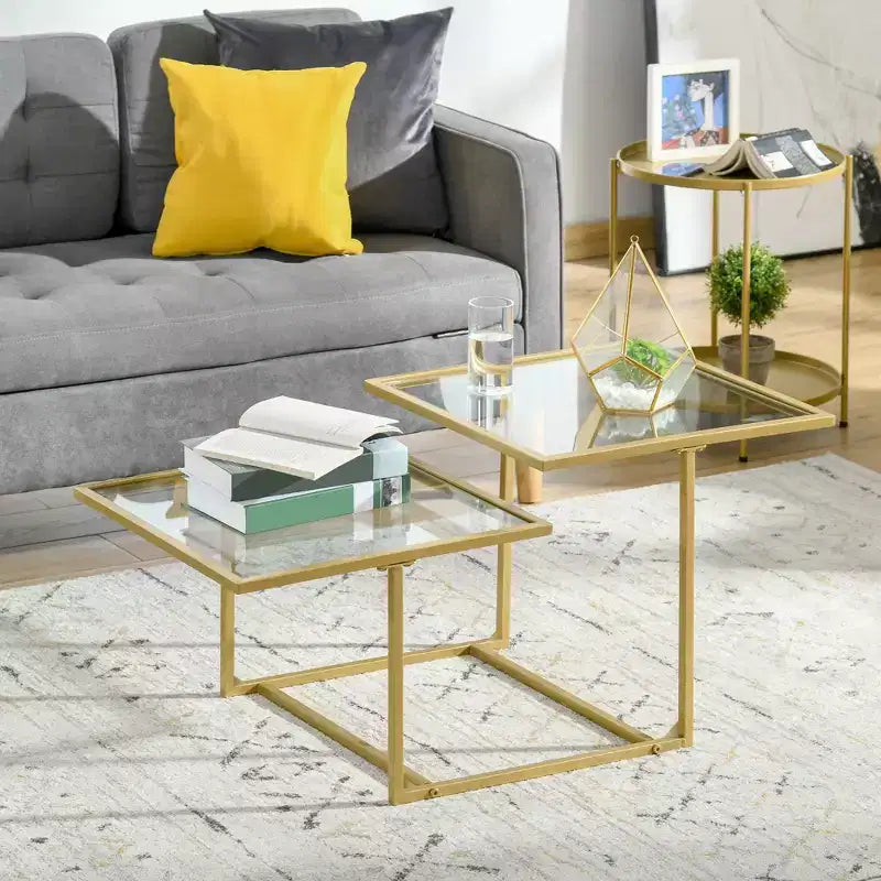 Tempered Glass Coffee Table with 2 Square Tabletops