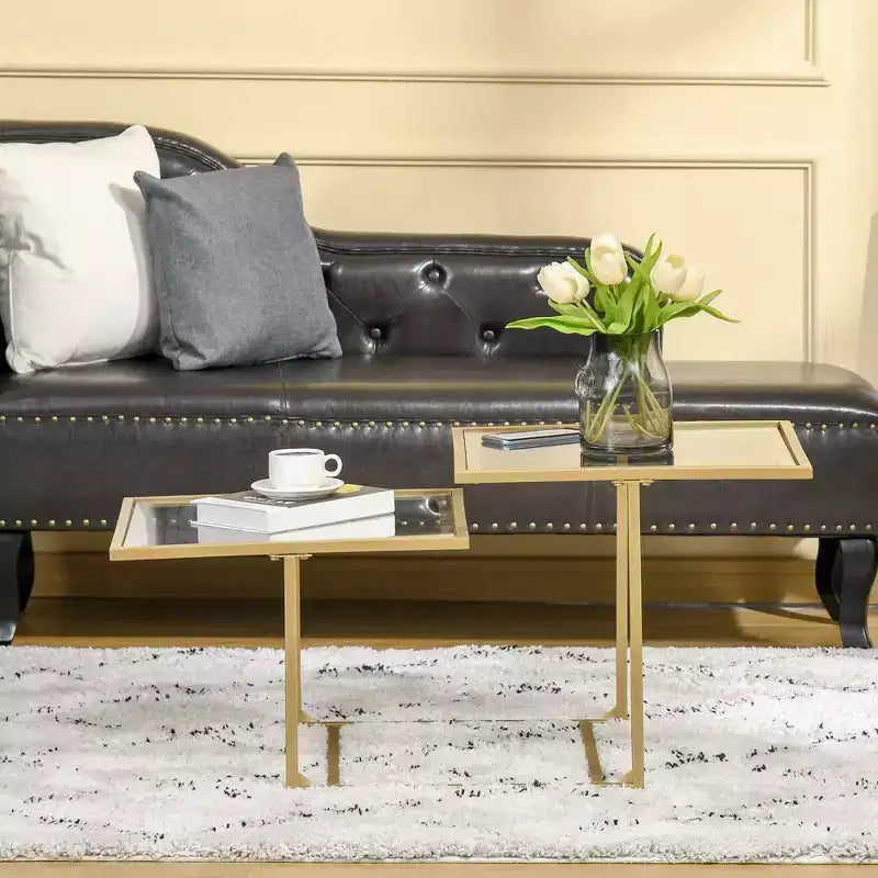 Tempered Glass Coffee Table with 2 Square Tabletops