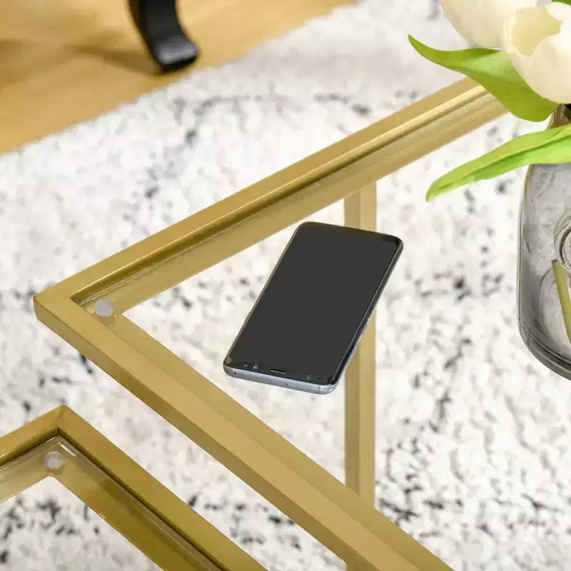 Tempered Glass Coffee Table with 2 Square Tabletops