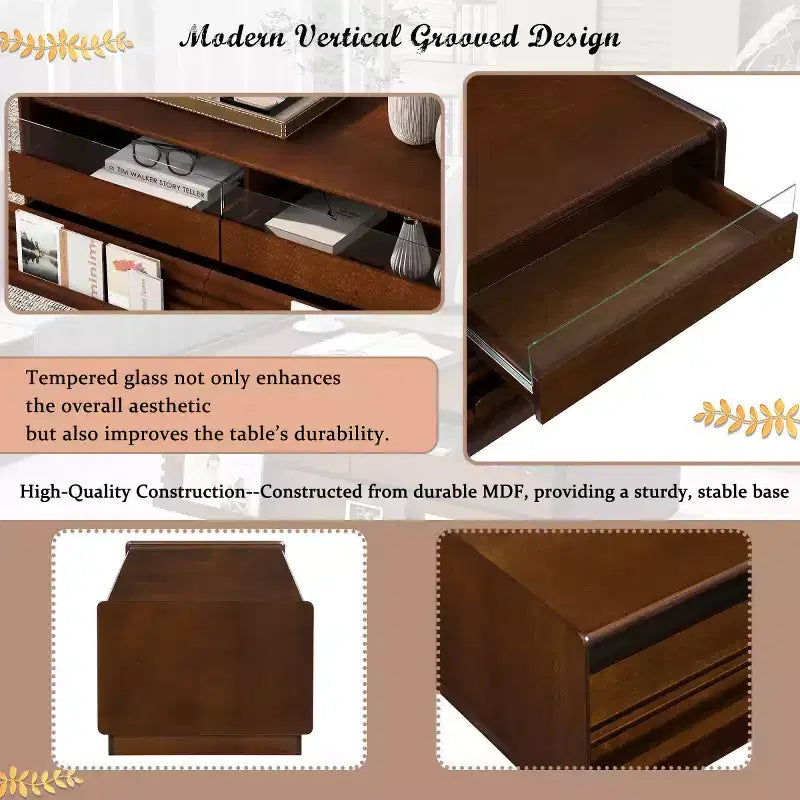 47.2" Modern Rectangle Coffee Table with 4 Drawers, 2 Display Shelves and Tempered Glass Top