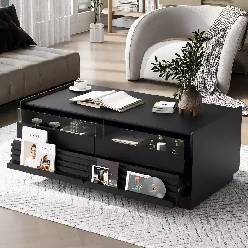 47.2" Modern Rectangle Coffee Table with 4 Drawers, 2 Display Shelves and Tempered Glass Top