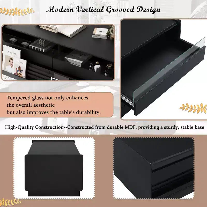 47.2" Modern Rectangle Coffee Table with 4 Drawers, 2 Display Shelves and Tempered Glass Top