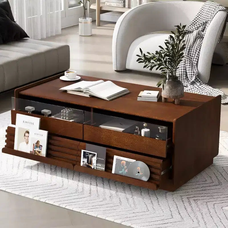 47.2" Modern Rectangle Coffee Table with 4 Drawers, 2 Display Shelves and Tempered Glass Top