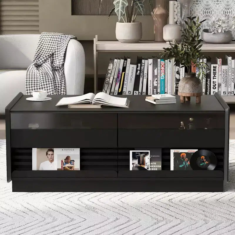 47.2 Modern Rectangle Coffee Table with 4 Drawers, 2 Display Shelves and Tempered Glass Top - Panipeachy