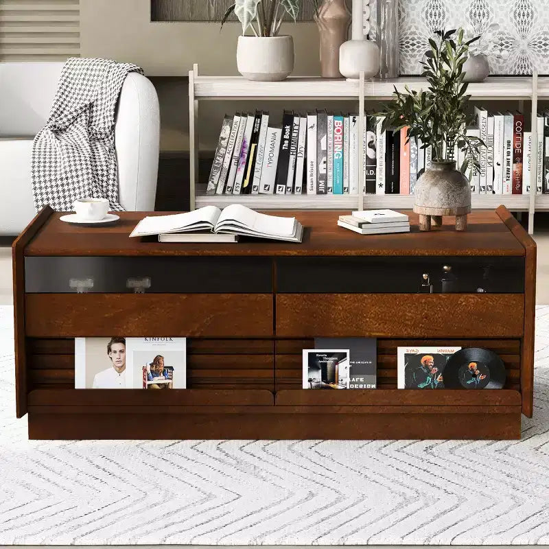 47.2" Modern Rectangle Coffee Table with 4 Drawers, 2 Display Shelves and Tempered Glass Top