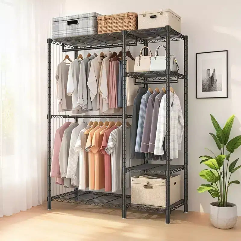 76" Heavy Duty Metal Garment Rack with 6 Shelves and 3 Hanging Rods, Black