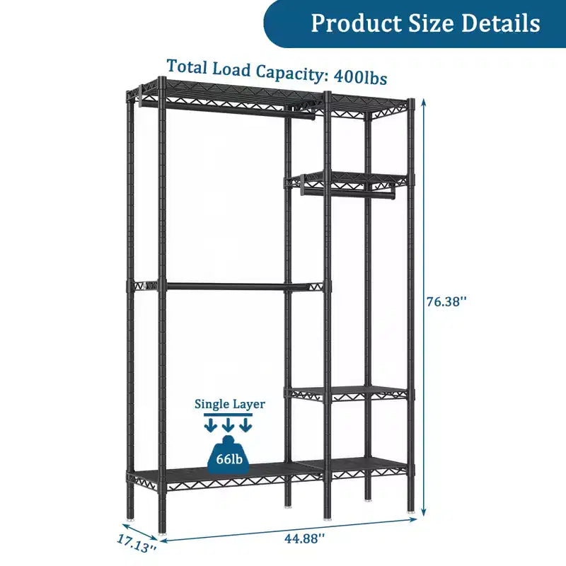 76" Heavy Duty Metal Garment Rack with 6 Shelves and 3 Hanging Rods, Black