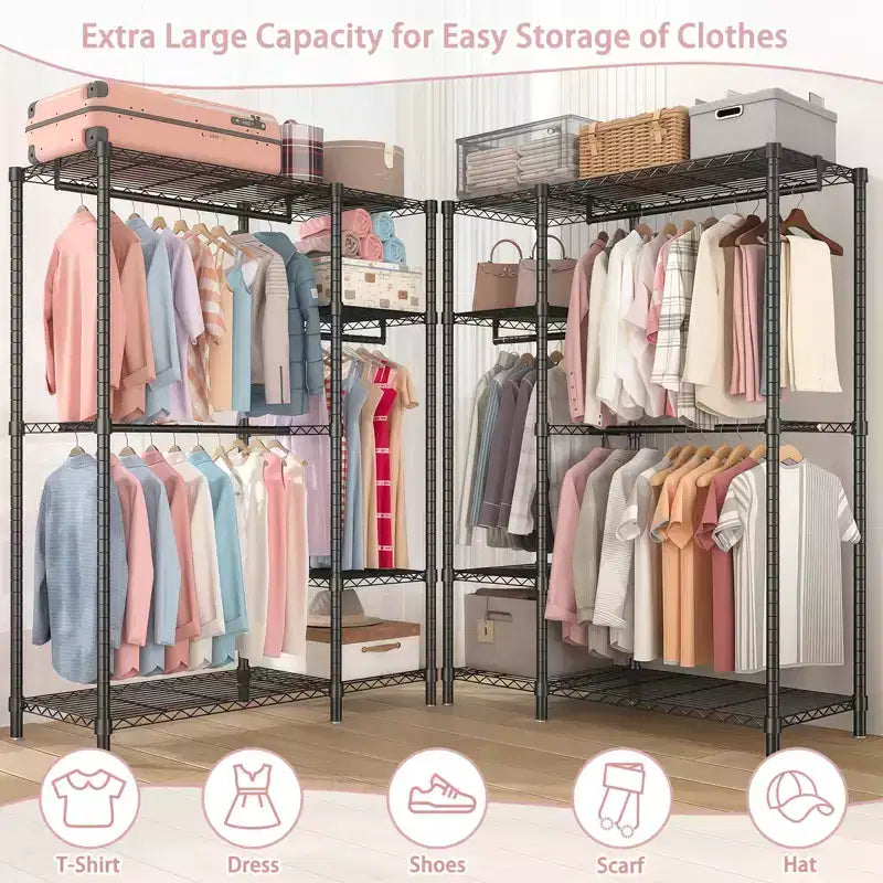 76" Heavy Duty Metal Garment Rack with 6 Shelves and 3 Hanging Rods, Black