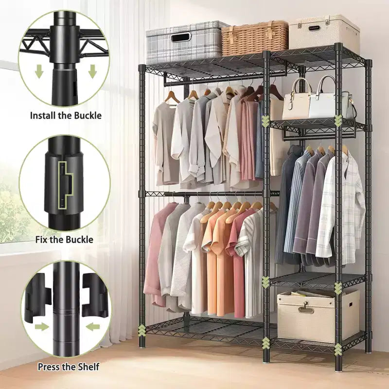 76" Heavy Duty Metal Garment Rack with 6 Shelves and 3 Hanging Rods, Black