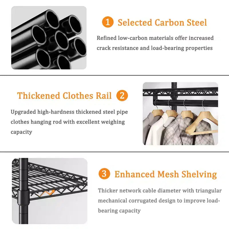 76" Heavy Duty Metal Garment Rack with 6 Shelves and 3 Hanging Rods, Black
