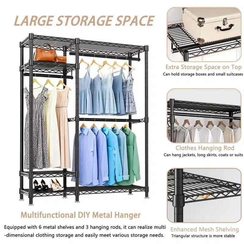 76" Heavy Duty Metal Garment Rack with 6 Shelves and 3 Hanging Rods, Black