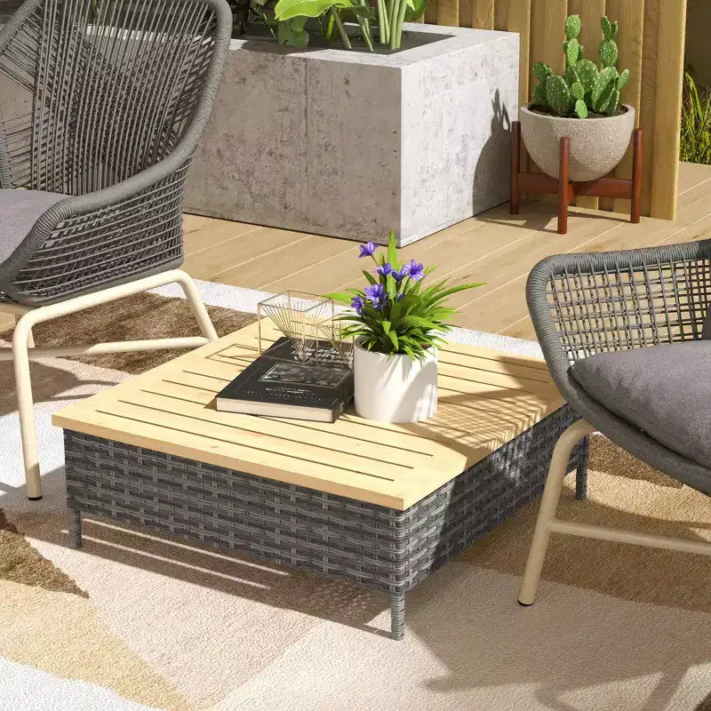 Outdoor PE Rattan Side Table with Natural Fir Wood Top – Weather Resistant