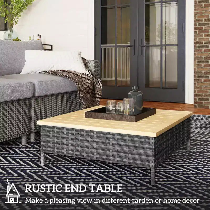 Outdoor PE Rattan Side Table with Natural Fir Wood Top – Weather Resistant
