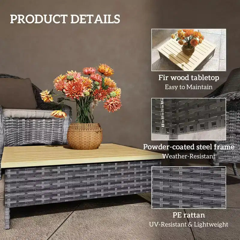 Outdoor PE Rattan Side Table with Natural Fir Wood Top – Weather Resistant