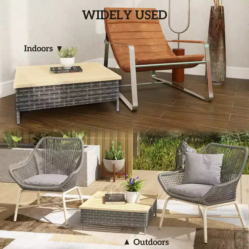 Outdoor PE Rattan Side Table with Natural Fir Wood Top – Weather Resistant