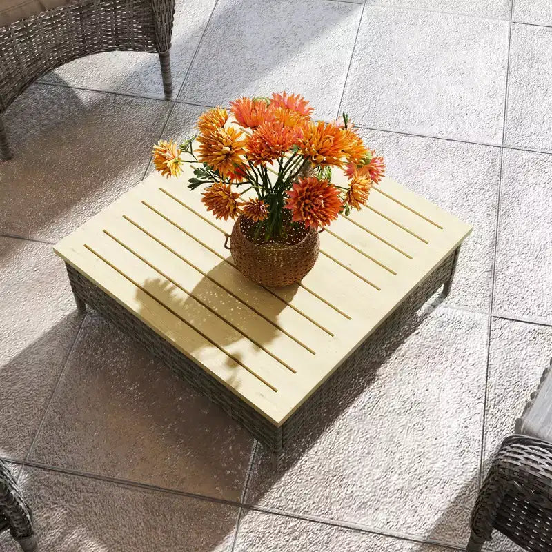 Outdoor PE Rattan Side Table with Natural Fir Wood Top – Weather Resistant
