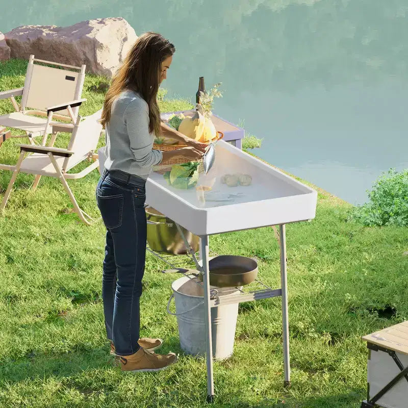 Folding Ice Cooler Table with Drain and Storage Shelf