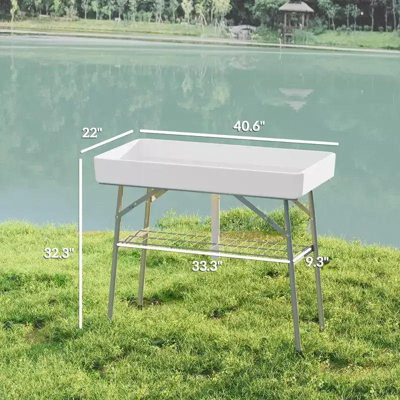 Folding Ice Cooler Table with Drain and Storage Shelf