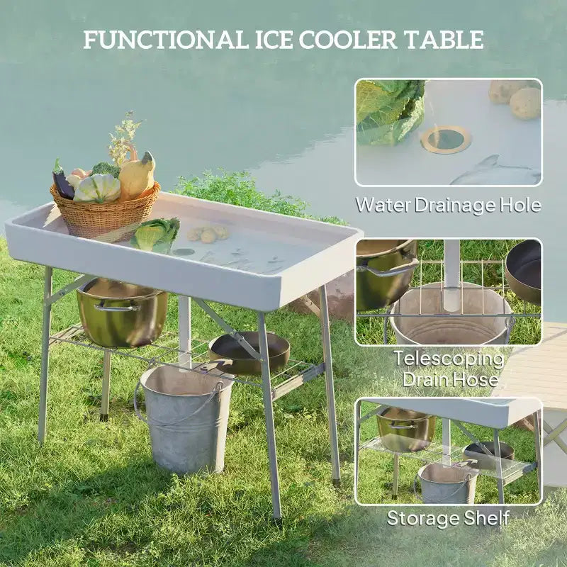 Folding Ice Cooler Table with Drain and Storage Shelf