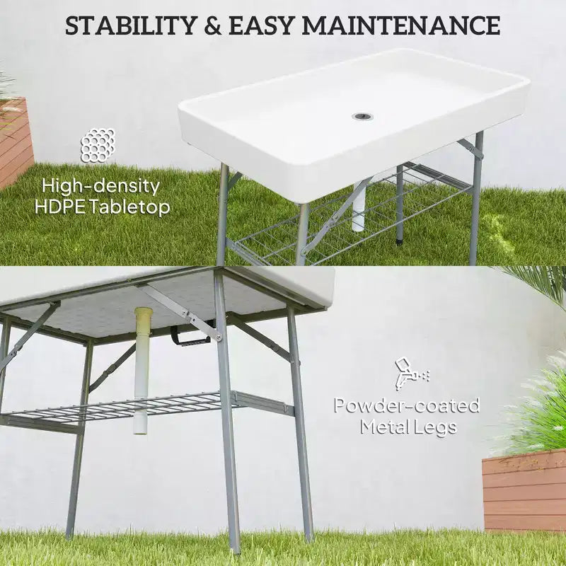 Folding Ice Cooler Table with Drain and Storage Shelf
