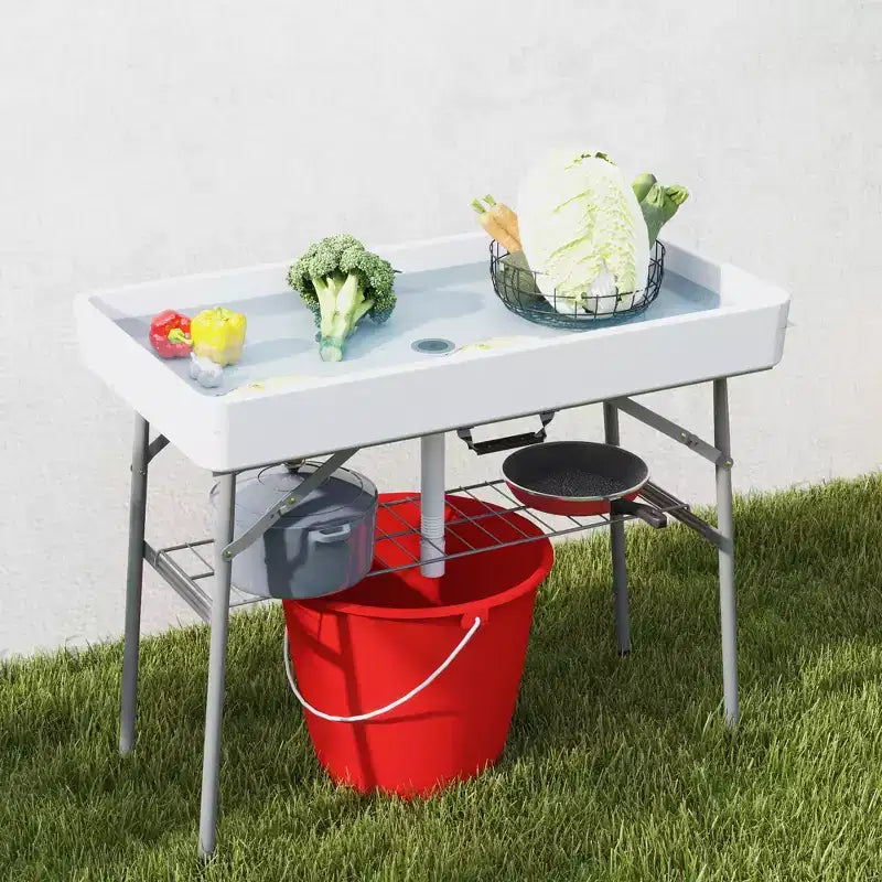 Folding Ice Cooler Table with Drain and Storage Shelf