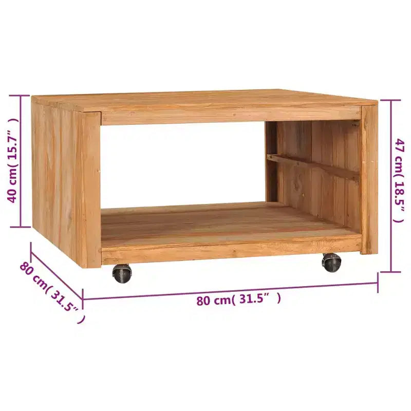 Solid Teak Wood Coffee Table with Wheels, 31.5 x 31.5 x 15.7 inches
