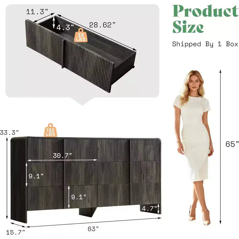 48" Fluted Chest Dresser with Pine Handles, 5 Drawers, Rounded Corners, Anti-Tip, Wood Storage Organizer