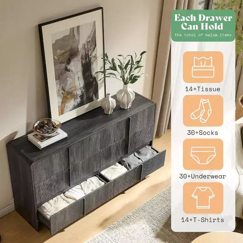 48" Fluted Chest Dresser with Pine Handles, 5 Drawers, Rounded Corners, Anti-Tip, Wood Storage Organizer