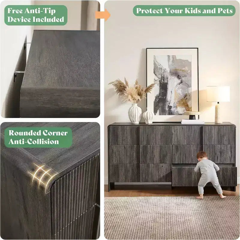 48" Fluted Chest Dresser with Pine Handles, 5 Drawers, Rounded Corners, Anti-Tip, Wood Storage Organizer