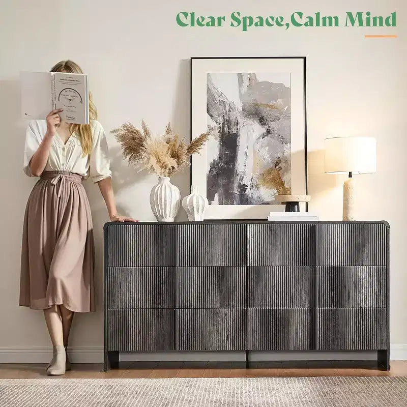 48" Fluted Chest Dresser with Pine Handles, 5 Drawers, Rounded Corners, Anti-Tip, Wood Storage Organizer