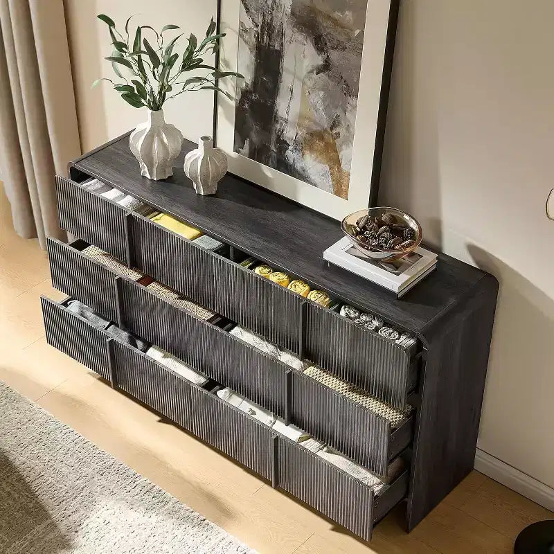 48" Fluted Chest Dresser with Pine Handles, 5 Drawers, Rounded Corners, Anti-Tip, Wood Storage Organizer