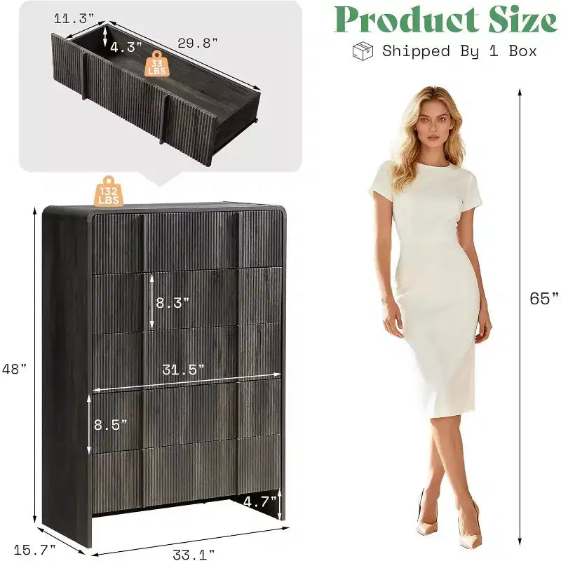 48" Fluted Chest Dresser with Pine Handles, 5 Drawers, Rounded Corners, Anti-Tip, Wood Storage Organizer