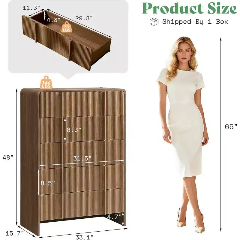 48" Fluted Chest Dresser with Pine Handles, 5 Drawers, Rounded Corners, Anti-Tip, Wood Storage Organizer
