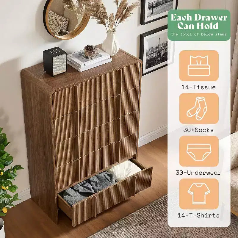 48" Fluted Chest Dresser with Pine Handles, 5 Drawers, Rounded Corners, Anti-Tip, Wood Storage Organizer